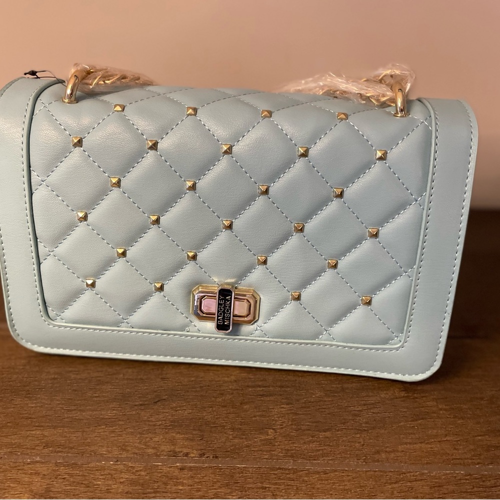 Badgley Mischka Blue Quilted Shoulder Bag with Gold Accents